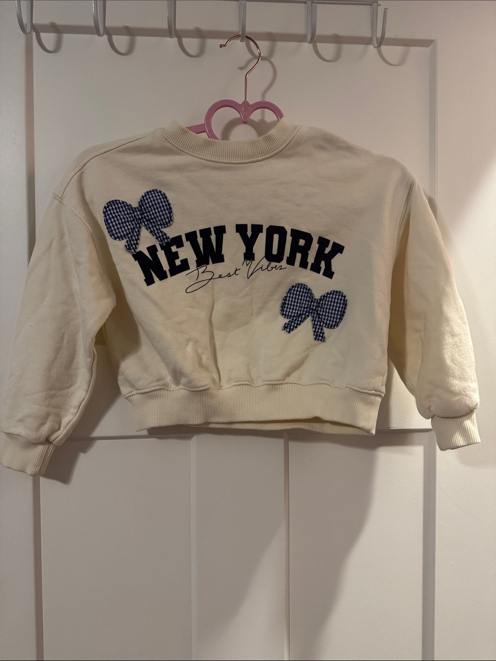 Zara Cream Cropped Sweatshirt with Navy Bow Details